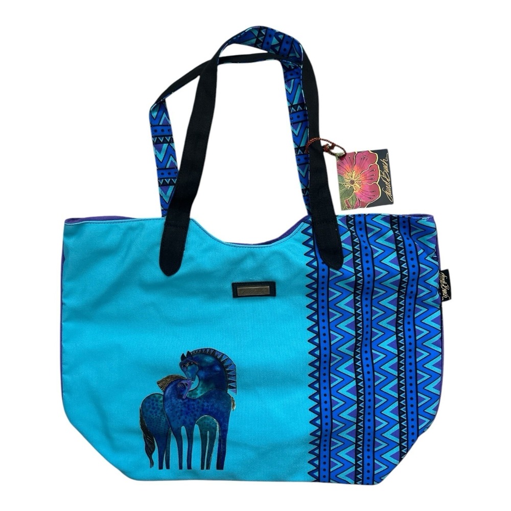 Laurel Burch Indigo Horse Canvas Tote Bag Mare And Foal Blue Teal‎ Zig Zag  NWT